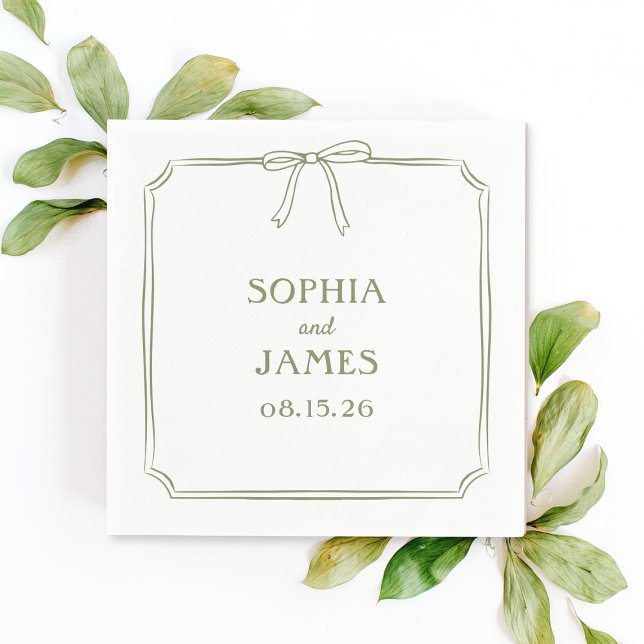Olive Green Elegant Whimsical Simple Bow Wedding Napkin (Creator Uploaded)