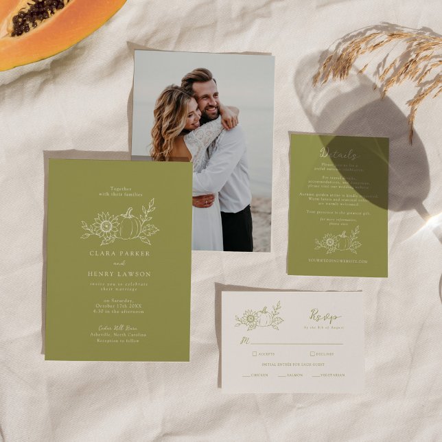 Olive Green Fall Pumpkin Sunflower Wedding Photo Invitation (Creator Uploaded)