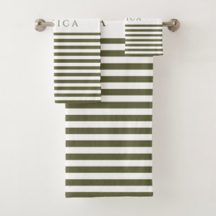 Olive Green Farmhouse Stripe Pattern Personalised Bath Towel Set