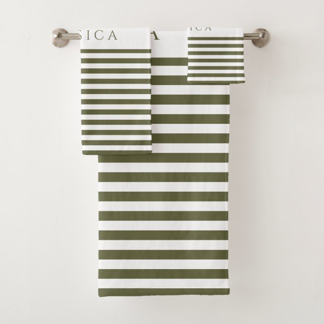 Olive Green Farmhouse Stripe Pattern Personalised Bath Towel Set (Insitu)