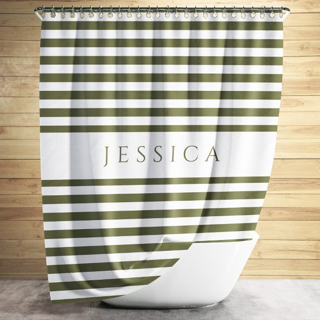 Olive Green Farmhouse Striped Pattern Shower Curtain (Elegant Olive Green Striped Pattern Shower Curtain)