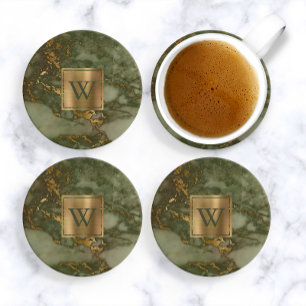 Olive Green Faux Marble Gold Monogram Coaster