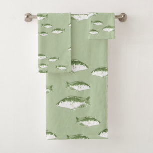 Olive green fish bath towel set
