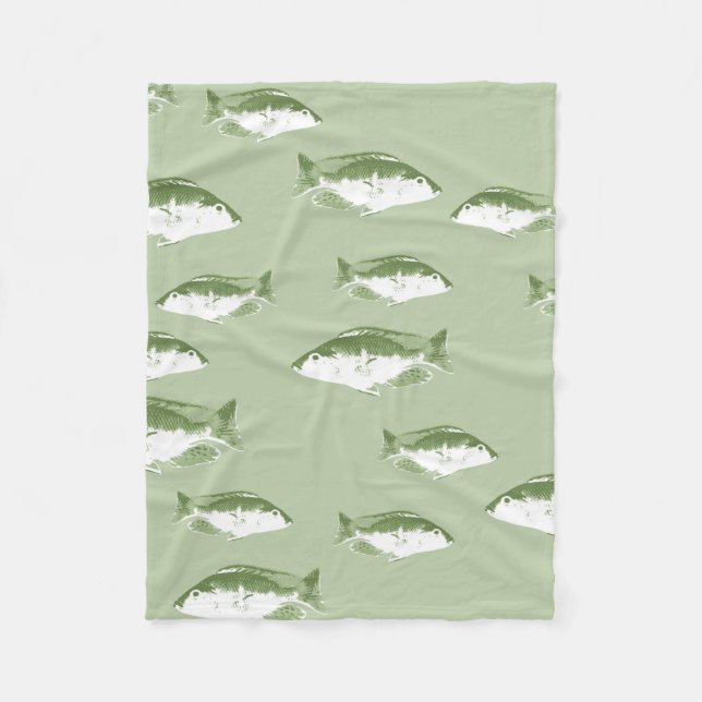 Olive green fish fleece blanket (Front)