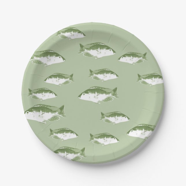 Olive green fish paper plate (Front)