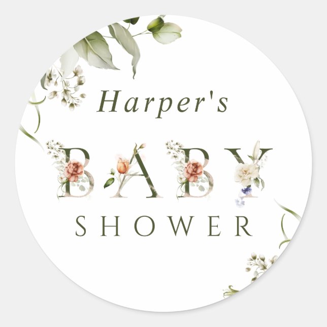 Olive Green Floral Botanical Letter Baby Shower Classic Round Sticker (Front)