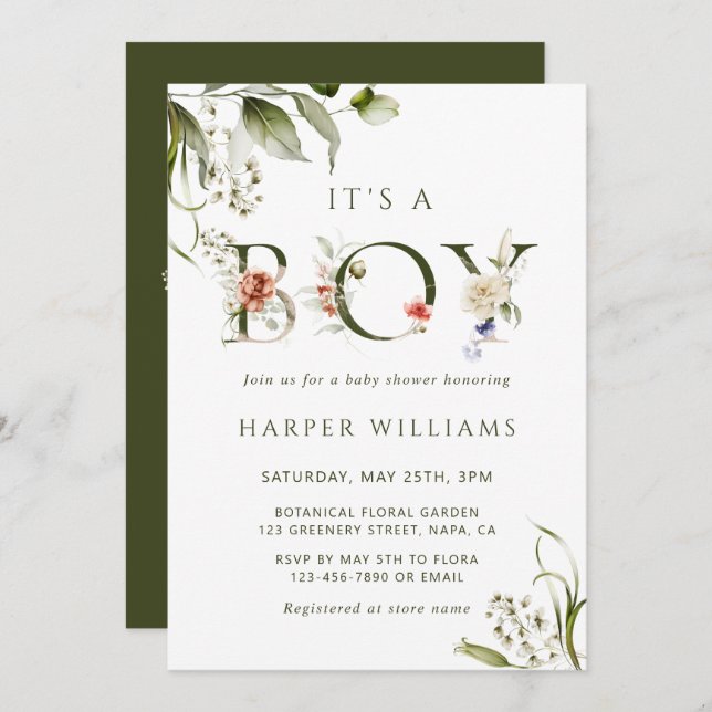Olive Green Floral Botanical Letter Baby Shower Invitation (Front/Back)