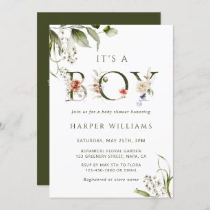 Olive Green Floral Botanical Letter Baby Shower Invitation