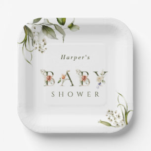 Olive Green Floral Botanical Letter Baby Shower  Paper Plate
