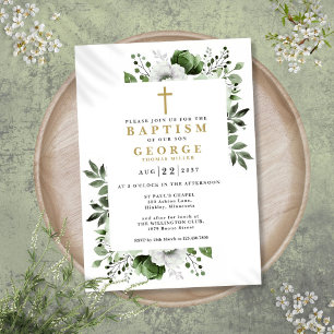 Olive Green Floral Botanical Modern Baptism Invitation