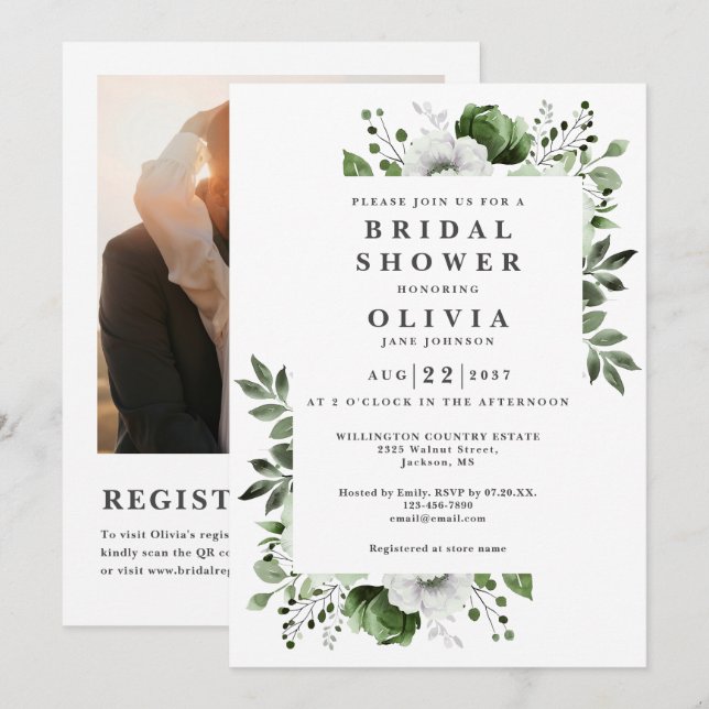 Olive Green Floral Bridal Shower Photo QR Code Invitation (Front/Back)