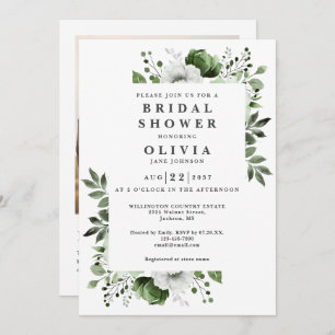 Olive Green Floral Bridal Shower Photo QR Code Invitation