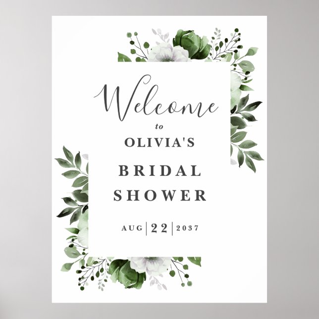 Olive Green Floral Bridal Shower Welcome Sign (Front)