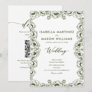 olive green floral chinoiserie classic wedding invitation