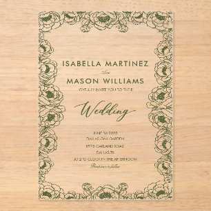 olive green floral chinoiserie formal wedding acrylic invitations