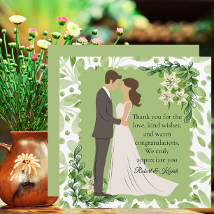 Olive Green Floral Engagement Square Boho Photo Thank You Card