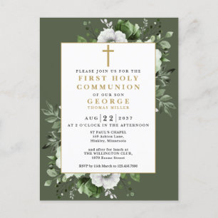 Olive Green Floral First Holy Communion Invitation Postcard