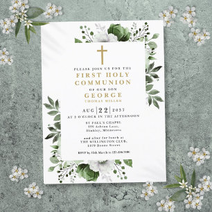 Olive Green Floral First Holy Communion Invitation Postcard