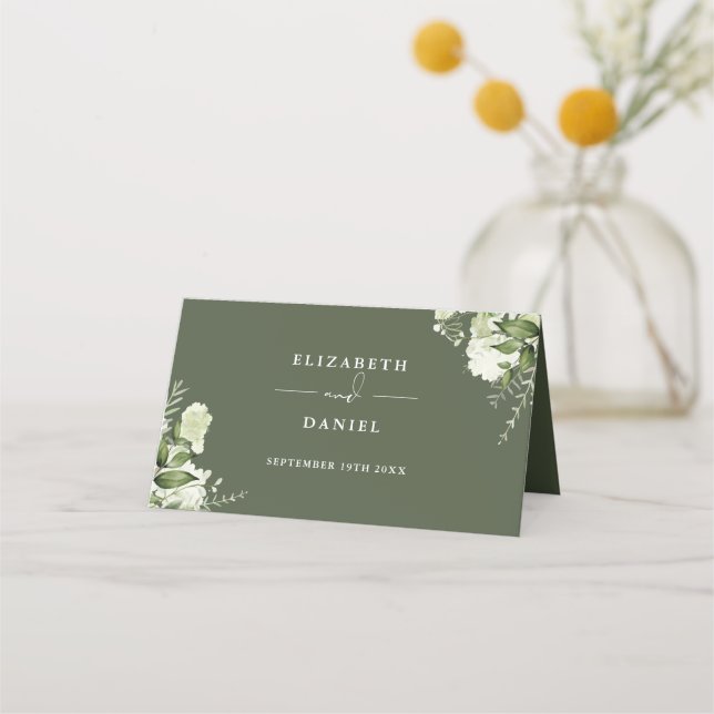 Olive Green Floral Greenery Wedding Folded Place Card (Back)