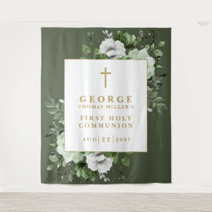Olive Green Floral Holy Communion Photo Backdrop Tapestry