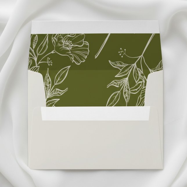 Olive Green Floral Liner and Neutral Text Wedding Envelope (Complete your wedding stationery suite with this refined Neutral Wedding Envelope!)