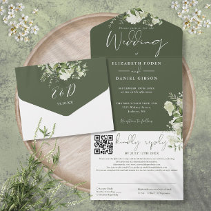 Olive Green Floral Monogram QR Code Wedding All In One Invitation