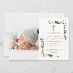 Olive Green Floral Photo Baptism Christening Thank You Card