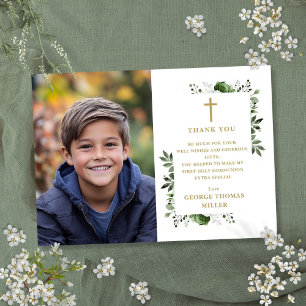 Olive Green Floral Photo First Holy Communion Thank You Card