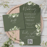 Olive Green Floral QR Code Monogram Wedding All In One Invitation<br><div class="desc">All in one wedding invitation featuring botanical greenery,  rustic leaves,  and elegant typography on an olive green background. The invitation includes a perforated RSVP card featuring a QR code. Designed by Thisisnotme©</div>