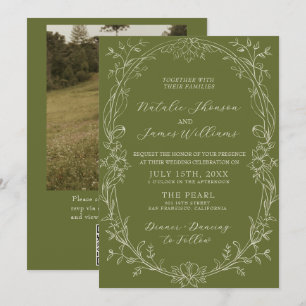 Olive Green Floral QR Code Photo Old Money Wedding Invitation