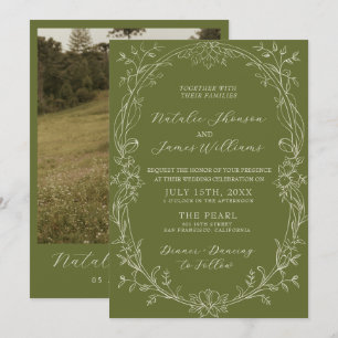 Olive Green Floral Romantic Old Money Wedding Invitation
