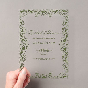 olive green floral simple classic bridal shower acrylic invitations