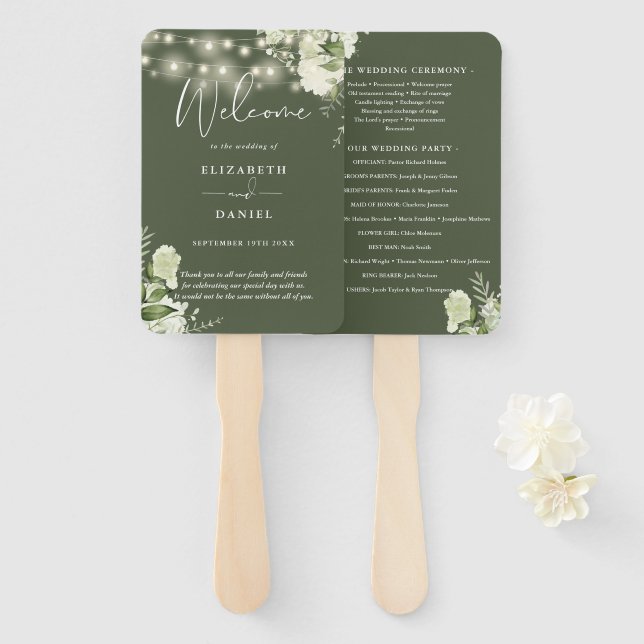 Olive Green Floral String Lights Wedding Program Hand Fan (Front and Back)
