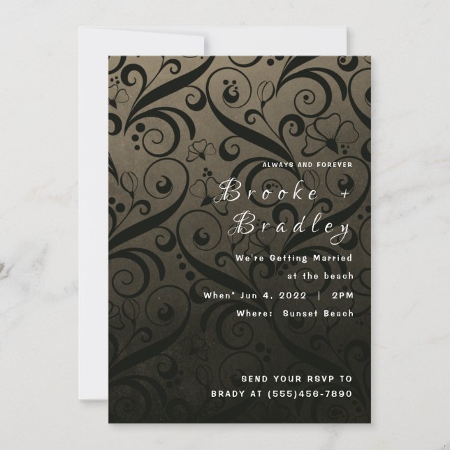 Olive Green Floral Swirl Wedding Invitation (Front)