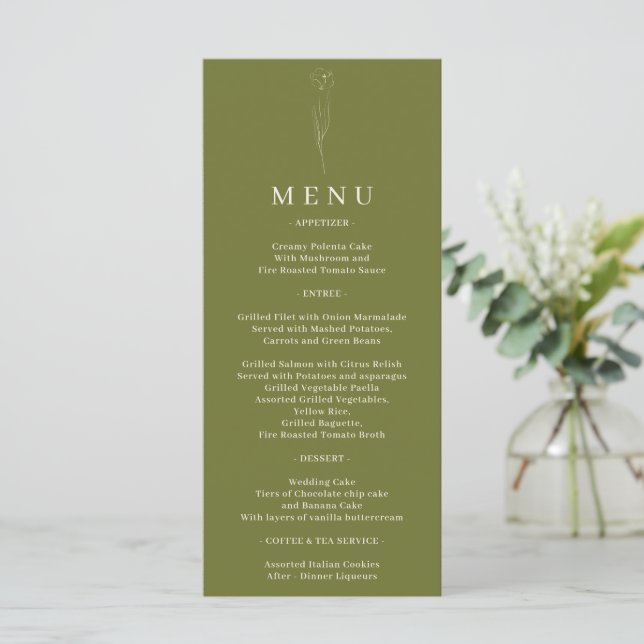 Olive Green Flower Art Wedding Menu (Standing Front)