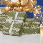 Olive Green Foil Glitter Merry Christmas Script Wrapping Paper<br><div class="desc">This glam modern wrapping paper features the words "Merry Christmas" in white brush font on an olive green faux foil background sprinkled with faux glitter.</div>