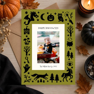 Olive Green Folk Art Halloween Personalised Holiday Card
