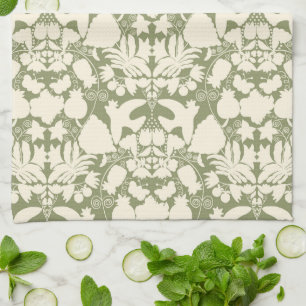 Olive Green Folk Art Otomi Symmetrical Pattern Tea Towel