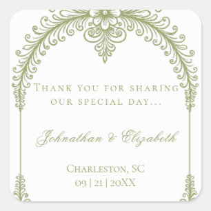 Olive Green French Flourish Arch Wedding Favour Square Sticker