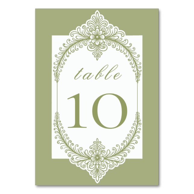 Olive Green French Flourish Frame Wedding Table Number (Front)