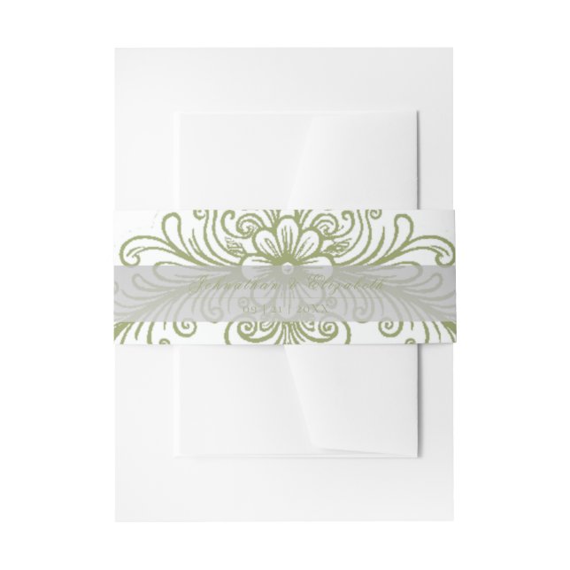 Olive Green French Flourish Wedding Invitation Belly Band (Front Example)