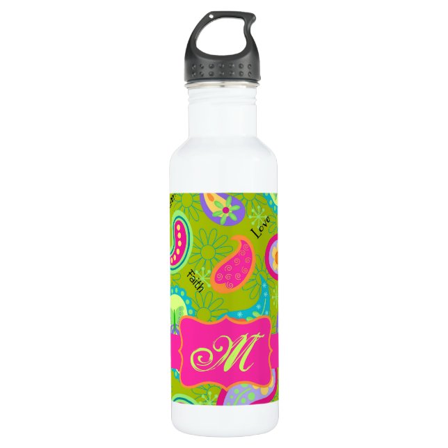 Olive Green Fuchsia Pink Modern Paisley Monogram 710 Ml Water Bottle (Front)