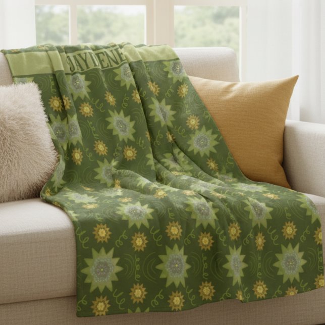 Olive Green Geometric Flowers Fleece Blanket (Light & dark olive green with star flowers hand drawn pattern and a custom area for name or message)