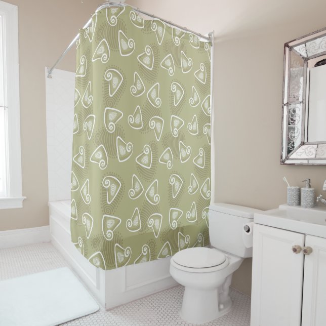 Olive Green Geometric Shower Curtain (In Situ)