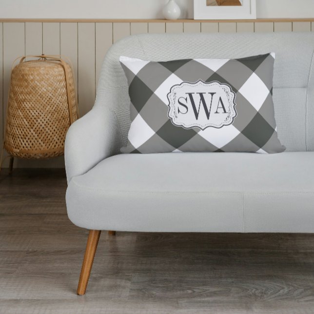 Olive Green Gingham Family Monogram Farmhouse Lumbar Cushion (Creator Uploaded)