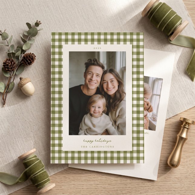 Olive Green Gingham Holiday Photo Card (Simulated cards on table)
