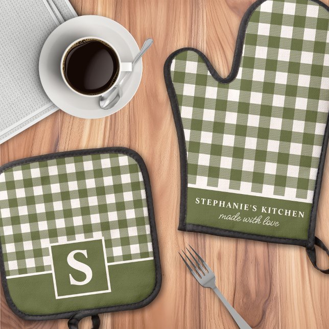 Olive Green Gingham Plaid Chequered Monogrammed Oven Mitt & Pot Holder Set (Creator Uploaded)