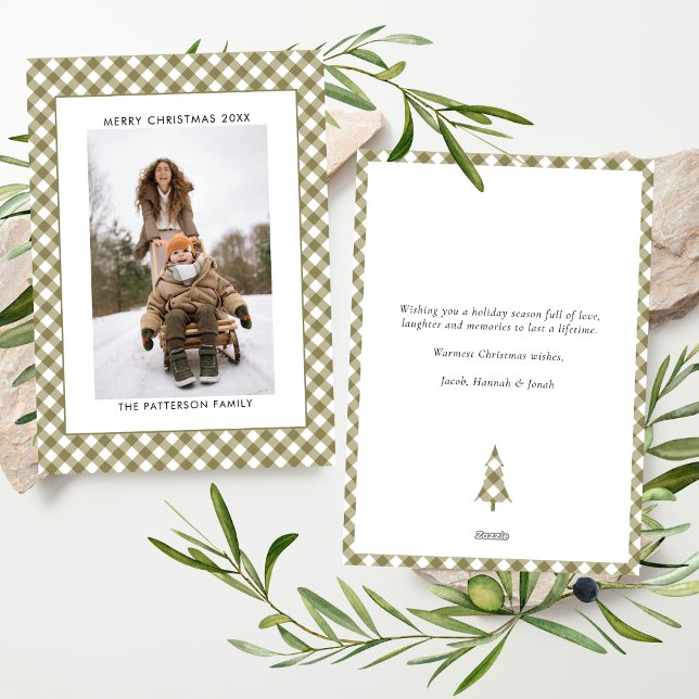 Olive Green Gingham Plaid Pattern Photo Christmas Holiday Card (Creator Uploaded)