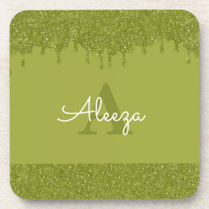 Olive Green Glitter Drips Coaster