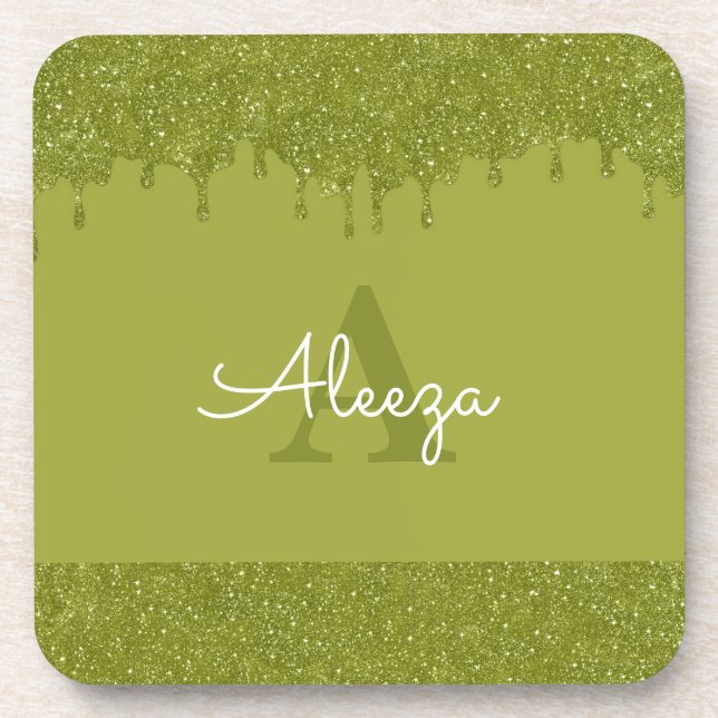 Olive Green Glitter Drips Coaster (Front)